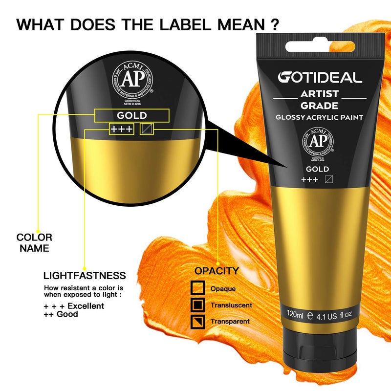 GOTIDEAL Acrylic Paint Metallic Gold 24K Tubes(120ml, 4.1 oz) Non Toxic Non Fading,Rich Pigments for Painters, Adults & Kids, Ideal for Canvas Wood Clay Fabric Ceramic Craft Supplies (Gold) - Image 2